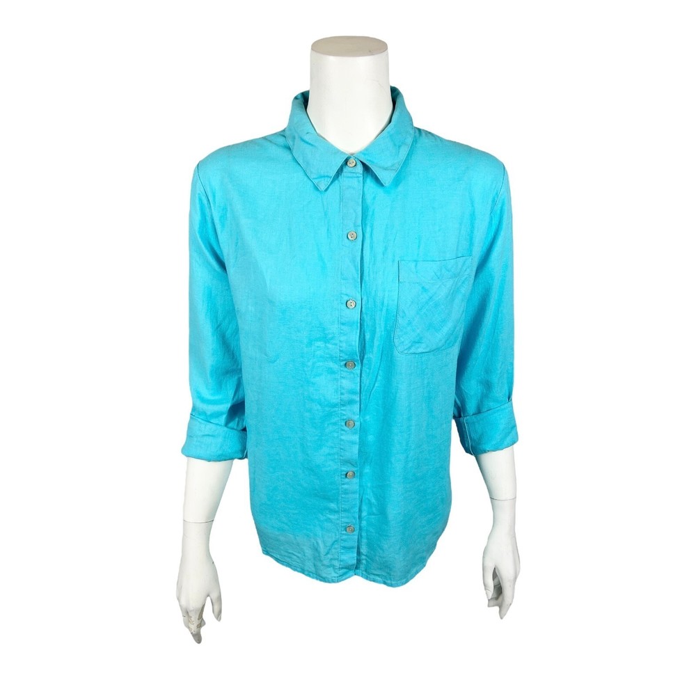 Candace Cameron Bure Regular Linen Blend Button-Front Shirt Turquoise X-Large Sz